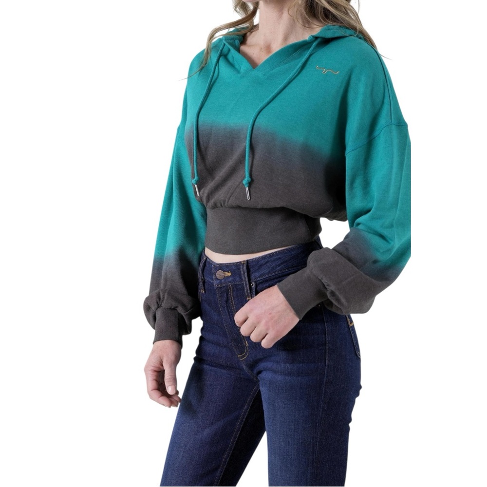 NWT KIMES RANCH Monterey Dipped Cropped Hoodie XXL Teal Blue/Toasted Coconut